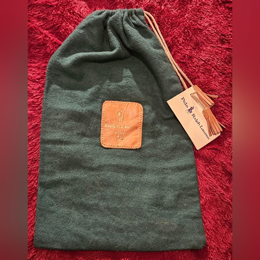 NWT Vintage Polo Ralph Lauren Large Green Flannel Dust Bag Leather Drawstring